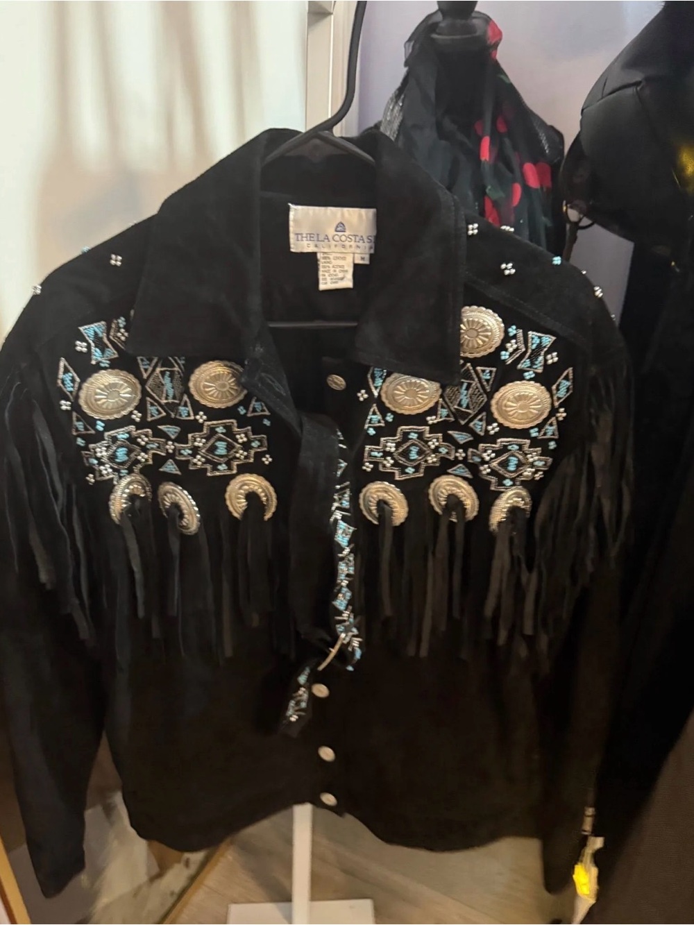 Black Suede Fringe Jacket with Turquoise Embroidery